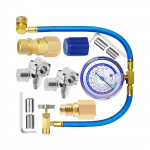 Professionaalne R134A laadimiskomplekt manomeetriga, kiirkonnektorite ja adapteritega t&otilde;husaks kliimaseadmete hoolduseks