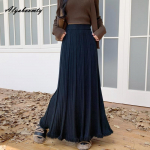 Korea Mood S&uuml;gis Talv Naiste Maxi Pikk Seelik K&otilde;rge V&ouml;&ouml;koht Beež Must Kudumise Plisseeritud Seelik Kootud Tutt Elegantne Naiste Seelikud One Size must