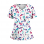 Suures suuruses tr&uuml;kitud Scrub t&ouml;&ouml;vormi topid Naistele V-kaelusega Halloweeni tr&uuml;kiga l&uuml;hikeste varrukatega l&otilde;busad T-s&auml;rgid taskutega t&ouml;&ouml;riiete T-s&auml;rk XXL