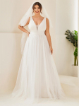 Ever-Pretty Plus Size naiste Empire Waist varrukateta topelt V-kaelusega pitsist l&auml;bipaistev A-line t&uuml;ll pulmakleidid 4XL elevandiluuvalge