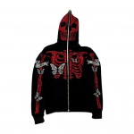 Unisex Halloweeni kapuutsiga pusa strassidega kummituse skeleti mustriga, lukuga, kapuutsiga, taskutega, pikkade varrukatega, peo cosplay kost&uuml;&uuml;m, s&uuml;gis-talvine jakk M punane