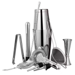 Roosakuldne 11-osaline roostevabast terasest kokteilikoksimise komplekt, mis sisaldab Bostoni kokteilikoksitajat, segamispulka ja kaheotsalist m&otilde;&otilde;tekannu 750ml+550ml Color Box h&otilde;be