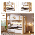 Kajakool, 90x200cm, Maja kujundus, H&uuml;draulilise mehhanismiga panipaik, LED-valgustus, Avatud panipaik, Valitav redeli asukoht, Ilma madratsita, Valge+Naturaalne 213.5 x 103.5 x 162 cm