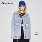 CINEMORE Uued vintage pikkade varrukatega taskud Naiste teksajakk 2021 vabaaja teksatopp naistele, soe, lahtine stiilne mantel N6307 M sinine