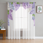 Lillad sinised ja valged lillad lilled l&auml;bipaistvad kardinad elutoa akende jaoks l&auml;bipaistvad Voile t&uuml;llkardinad magamistoa eesriided 135W x 114H(cm)