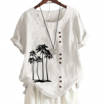 Naiste linane puuvillane vabaaja t-s&auml;rk 8 klassikalise musta ja valge botaanilise lillemustriga, &uuml;mara kaelusega, l&uuml;hikeste varrukatega S-5XL S