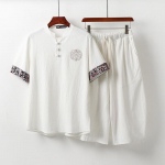 Meeste suvine &otilde;huke n&ouml;&ouml;biga T-s&auml;rk Lina l&uuml;hikeste varrukatega &uuml;likond Trendikas Hiina stiilis meeste puuvillane ja linane Retro krae Kaheosaline komplekt 9XL valge