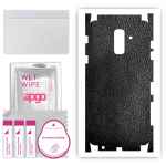 apgo Protective Skin Sticker for the back+sides compatible with Samsung Galaxy A6+ (2018), Full Wrap Film, Foil, Vinyl - Pattern Black Leather