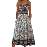 Naiste suvekleit, varrukateta A-kujuline plisseeritud &uuml;mmargused vabad k&uuml;ljetaskud, v&auml;rviline lilleline kaelusega vesti t&uuml;&uuml;p S beež