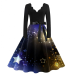 Naiste j&otilde;uluaegsed vabaajamood V-kaelusega pikkade varrukatega tr&uuml;kitud vintage kleidid L sinine