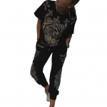 2 tk/komplekt Naiste T-s&auml;rgi p&uuml;kste komplekt Tiger Print &Uuml;mara kaelusega l&uuml;hikeste varrukatega &uuml;lemine pahkluupaeltega elastne v&ouml;&ouml;koht p&uuml;ksid igap&auml;evaseks igap&auml;evaseks kandmiseks 3XL must