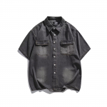 Retro Denim t&ouml;&ouml;riietus l&uuml;hikeste varrukatega s&auml;rk, Meeste ja naiste suvine moem&auml;rk, Jaapani retro poolepikkuste varrukatega trend, Lahe ja avar s&auml;rk M must