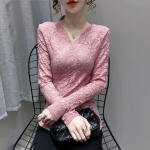 Autumn and Winter Padded Sexy V-neck Long-sleeved Cross Slim Age-reducing Blouse Hundred Lace Bottoming Shirt 5XL