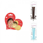 Kit pour biscuit en relief Coeur + 2 Stylos au chocolat marron et bleu pastel