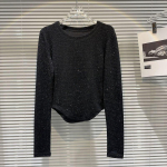 Casual Diamond Bright Design Pikkade varrukatega T-s&auml;rk naistele Ebaregulaarse &uuml;mara kaelusega Lihtne topp 2023 S&uuml;gis, Naine Uus 11XX5835 L