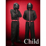 Lapse ja t&auml;iskasvanu must Squid Game kurikaela administraatori meeskonna juhi cosplay kost&uuml;&uuml;m koos maskidega t&auml;iskasvanute Halloweeni peo kombinesoonid S