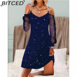 BITCED Naiste moe kevad-s&uuml;gis &uuml;hev&auml;rvilised kleidid pikkade varrukatega V-kaelusega k&otilde;rge v&ouml;&ouml;kohaga vabaajakleidid L sinine