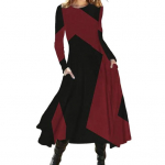 Naiste s&uuml;gisene pikkade varrukatega etnilises retrostiilis &uuml;lem&otilde;&otilde;duline A-l&otilde;ikeline pikk kleit &uuml;mara kaelusega kirjanduslik pikk seelik XXS punane