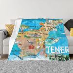 Tenerife Kanaari saared Hispaania Illustreeritud kaart vaatamisv&auml;&auml;rsuste ja esilet&otilde;stetega Personaalne kingitus &Uuml;lipehme mikrofliisist tekk 50x60in