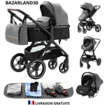 BAZARLAND30.Poussette 3 en 1 B&eacute;b&eacute; Combin&eacute;e Si&egrave;ge-Auto Nacelle Trio R&eacute;versible R&eacute;glable Haute Qualit&eacute; Roues increvables Canne.Gris hall