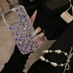 Luksuslik &uuml;mbris iPhone 17 Pro Max 13 14 11 15 16 Pro Max jaoks L&auml;ikiv Stiilne Teemant Telefonikate Rihmahoidjaga Kivist &Uuml;mbris Case & Strap&For iPhone 13 roosa