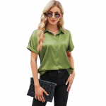 Suvine l&uuml;hikeste varrukatega satiins&auml;rk naiste mood, soliidne lahtik&auml;iv kraega pluus Elegantne vabaaja vaba kontori naiste topid Blusas 28495 S armee roheline v&auml;rv