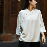 Johnature Autumn Woman, &uuml;herealine vintage linane ketas-pandlaga s&auml;rk, moodne krae, pikkade varrukatega vaba vabaaja s&auml;rk One Size beež