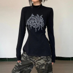 Goth Dark Techwear Print Black Split Naiste T-s&auml;rgid Y2k Punk Mall Gooti pikkade varrukatega mood Topid Grunge Mock Collar Streetwear S must