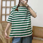 Johnature vabaaja triibulised naiste topid suvised lahtised O-kaelusega l&uuml;hikeste varrukatega lihtsad pulloverid naiste T-s&auml;rgid One Size roheline