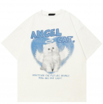 T&auml;navar&otilde;ivad Angel Cat Graafiline T-s&auml;rk Puuvillane T-s&auml;rk Unisex Topid Tees Suvine l&uuml;hikeste varrukatega T-s&auml;rk S valge