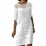 Naiste suvekleit &otilde;&otilde;nsa lillega aplikatsioon poolvarrukaga kael &uuml;hev&auml;rviline p&otilde;lvepikkus avar kohtingule midi kleit M valge