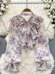 Naiste kevadpluus Elegantne kikilipsuga krae S&auml;rk Patchwork Volditud Ruffle &auml;&auml;r Slim Fit Topid Prantsuse stiil Mullvarrukad Vabaajapluus One Size valge