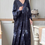 Moodne korea &scaron;ikk kevadsuvi retro-puhkusestiilis V-kaelusega tindiga tr&uuml;kidisain, vaba vabaaja nahkhiire varrukatega kleit naistele One Size valge