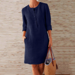 Naiste &Uuml;mmarguse Kaelusega P&otilde;lvpikk Linane Kleit Boho Vabaaja L&otilde;tv Kleit Nuppudega Naiselik Elegantne Moodne Rannakleit Vestido L sinine
