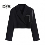 Naiste l&uuml;hike &uuml;likond ja mantel Kahe rinnaga kettdekoor, pikkade varrukatega kardigan rev&auml;&auml;riga s&auml;lkkrae lahtiselt &uuml;hev&auml;rviline &otilde;huke ametlik &auml;ristiilis naisjope 2XL must