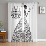 Mustvalge lillemustriga t&uuml;lli aknakardinad elutuba organza l&auml;bipaistev Voile kardin Magamistuba k&ouml;&ouml;k Kodukaunistus kardin W135 x H115cm x1&Rod Pocket