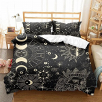 P&auml;ikese ja Kuu tekikate King/Queen suurus, Galaktika Boho eksootiline voodipesukomplekt Must Kuld Astroloogia Taevane Pol&uuml;ester Tekikate EU Single 135x200cm