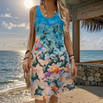 Naiste roosilillega v&otilde;ltsitud kaheosaline mere&auml;&auml;rne tr&uuml;kitud varrukateta kleit avaralt pehme ja mugav suures suuruses kleit XS sinine