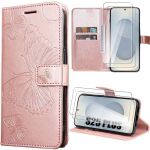 Coque - booling - samsung galaxy s25 plus (s25+) - motif papillon cuir pu rose - 2 verres tremp&eacute;s