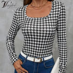 Houndstooth Print &otilde;huke T-s&auml;rk, elegantne ruudukujulise kaelusega pikkade varrukatega T-s&auml;rk, naiste riided L