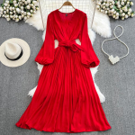 Naiste latern pikkade varrukatega V-kaelusega avara A-joonega plisseeritud elegantne kleit Vestidos Korea kevad-s&uuml;giskleidid One Size