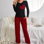 Naiste pikkade varrukatega pidžaama&uuml;likond V-kaelusega tr&uuml;kitud s&auml;rk Ruudulised p&uuml;ksid 2 t&uuml;kki Mugavad salongir&otilde;ivad Kevad-s&uuml;gis kodukandmine L