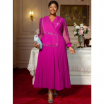 Suur suurus pikkade varrukatega &uuml;hev&auml;rviline k&uuml;&uuml;nep&auml;rlitega keskmise v&ouml;&ouml;kohaga kleit Aafrika naiste peo&otilde;htukleit Plisseeritud kleidid pulmadeks 3XL Heleroosa