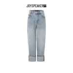 JOY SPEAKER Women's Washed Rolled-Hem High-Waist Blue Denim Jeans S