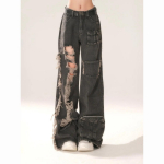 K&otilde;rge v&ouml;&ouml;koht Rebitud Naiste Mustad Jeansid Stiilne Mood Vintage Streetwear Y2K Lai Jalg Jean P&uuml;ksid L&otilde;dvad Denim P&uuml;ksid S hall