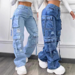 Rist2025: Suurused K&otilde;rge V&ouml;&ouml;koht Mitme Taskuga T&ouml;&ouml;riided Denim P&uuml;ksid 2XL beebi sinine v&auml;rv
