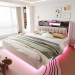 Polsterdatud voodi 160*200 LED-valgustuse ja USB-pesaga, Peatsiin hoiuruumiga, Ujuv voodi Noortevoodi T&auml;iskasvanute voodi, Linane kangas, Beež 222.5 x 165.5 x 111 cm beež