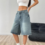 Suvised naiste teksap&uuml;ksid High Waisted P&otilde;lvpikkusega Kotid Jorts Lai Jalg L&otilde;tv Teksap&uuml;ksid Taskutega L sinine