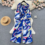 Sinine Jumpsuit Suvised Kombinesoonid naistele Prindiga vabaaja k&otilde;rge v&ouml;&ouml;kohaga n&ouml;&ouml;rimisrihm Seksikad riided Naiste Romper Jumpsuit Naiste Elegance One Size taevasinine v&auml;rv