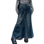 Naiste seelik A-line Big Swing Denim Retro taskud, &uuml;hev&auml;rvilised, k&otilde;rge v&ouml;&ouml;kohaga n&ouml;&ouml;p, t&otilde;mblukk, pahkluu pikkus, rebitud servaga daami maxi seelik M sinine